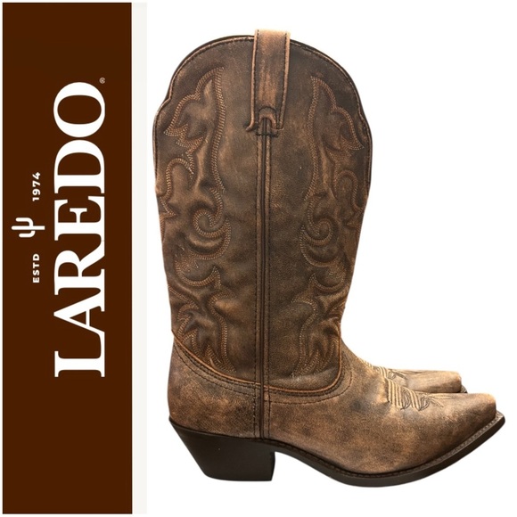 Laredo Women’s Black/Brown ACCESS WIDE CALF Leather Cowboy Boot Stitching - Picture 1 of 13